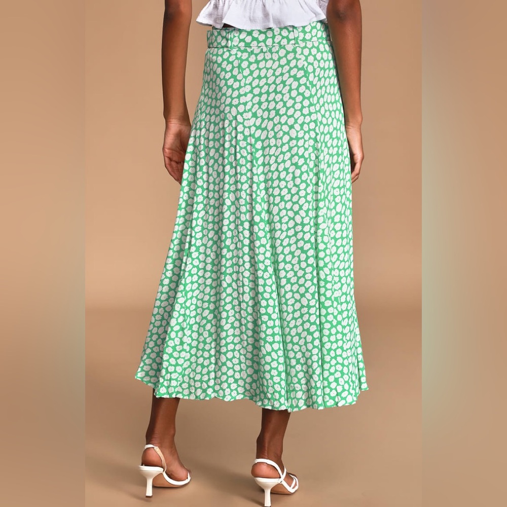 Valensole Green Floral Print Belted Midi Skirt, US 6 - Picture 3 of 7
